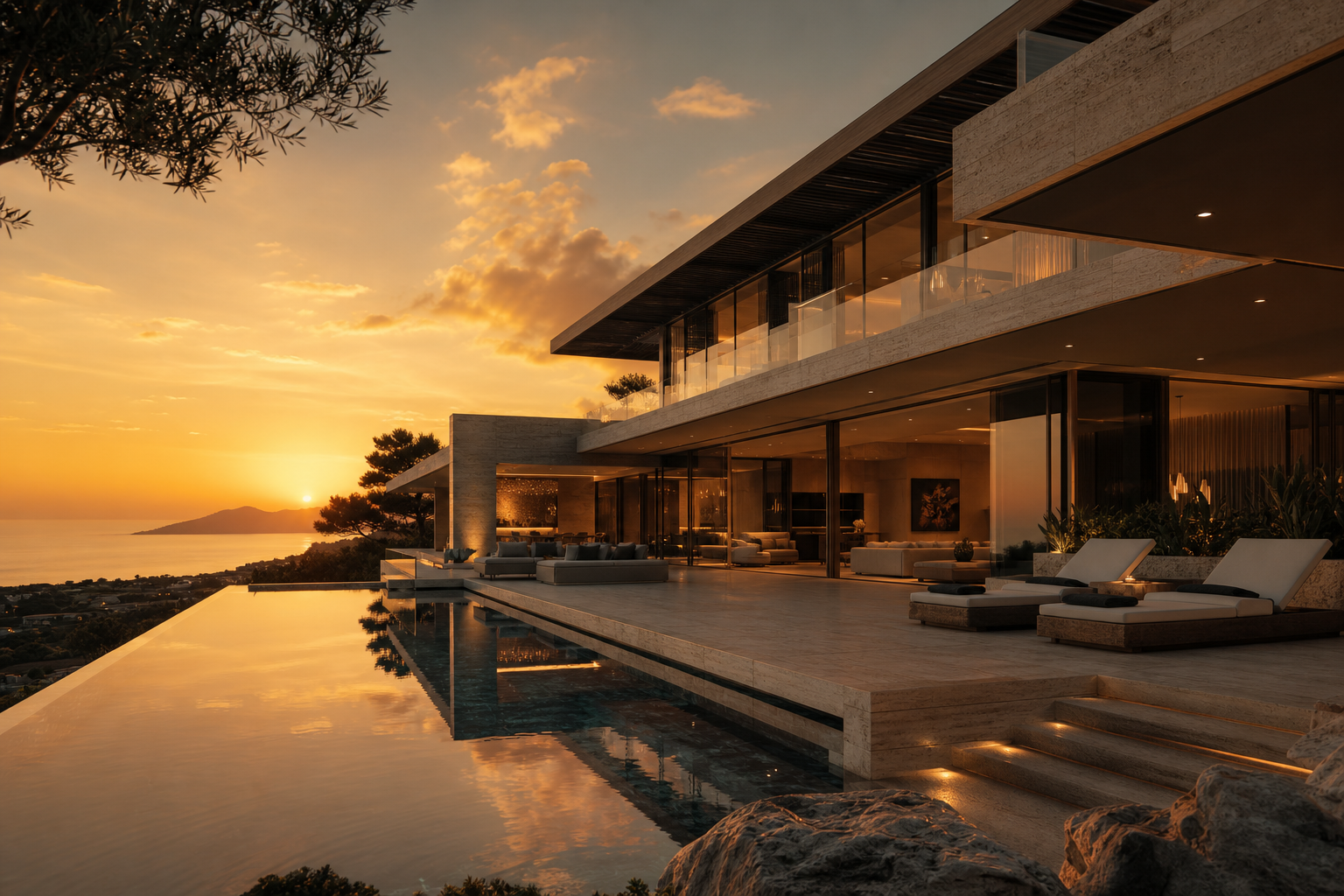 Luxury clifftop villa at golden hour with an infinity pool