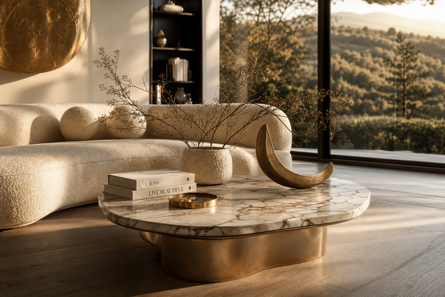 Warm luxury living interior overlooking a valley at golden hour