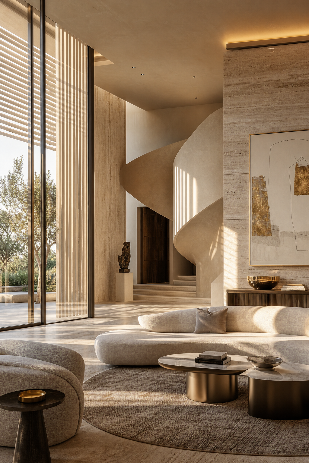 Sculptural travertine interior with a curved plaster staircase